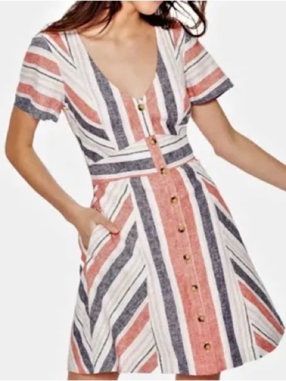 Parker Striped Button-Front Mini Dress in Coral, Navy & White